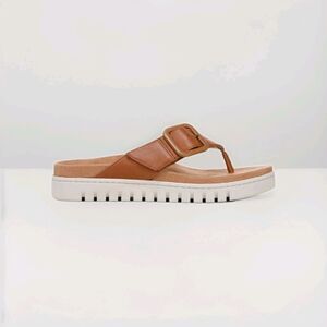 Vionic Uptown Marin Women's Wedge Thong Orthopedic Sandal Tan Leather NIB 7.5M